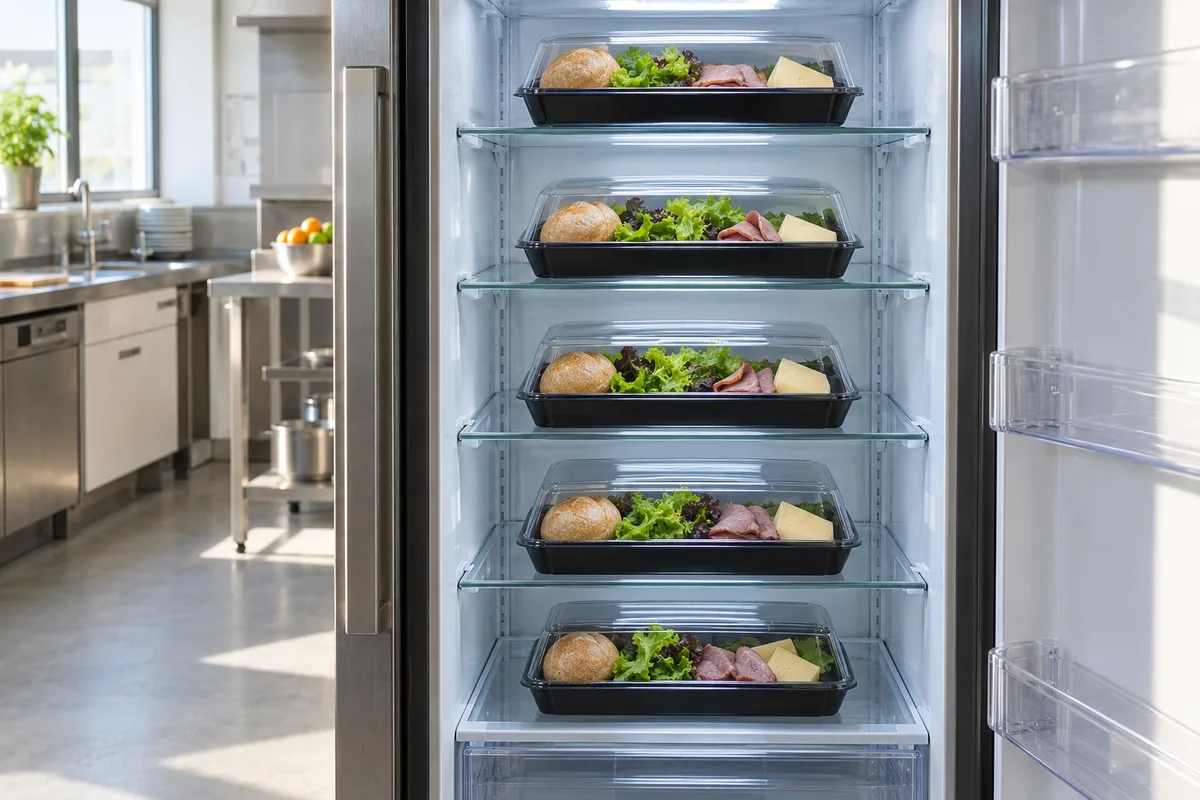 Plateaux-repas individuels rangés au réfrigérateur d&rsquo;un office d&rsquo;entreprise