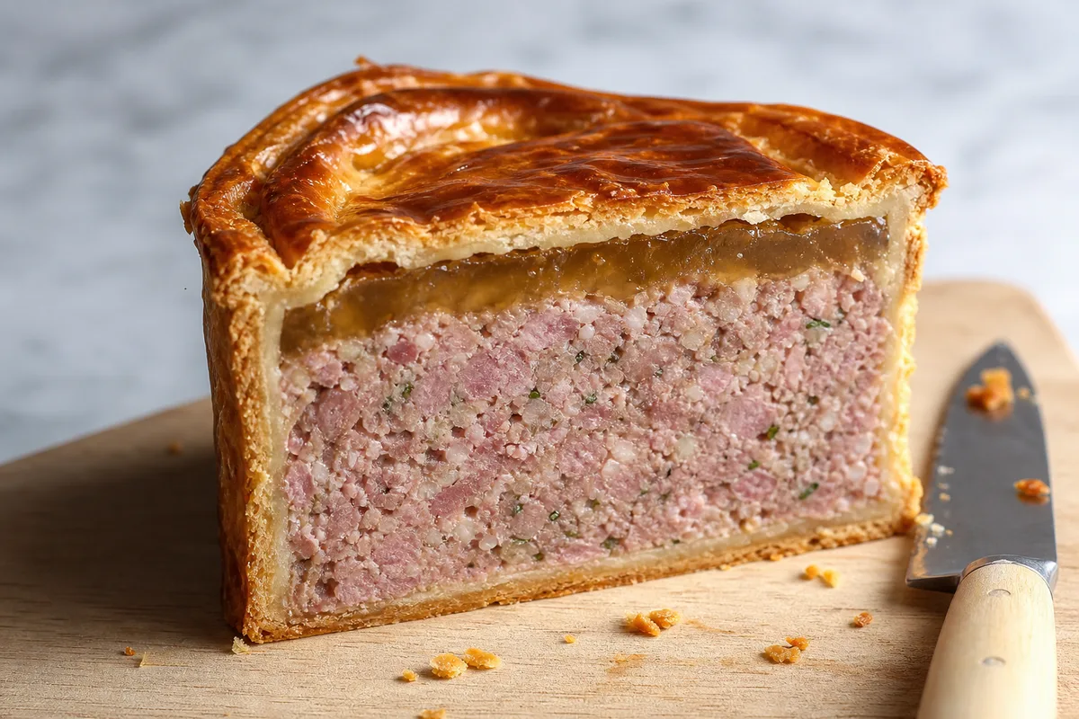 Tranche de pâté en croûte artisanal révélant sa gelée et son hachis fin sur une planche en bois