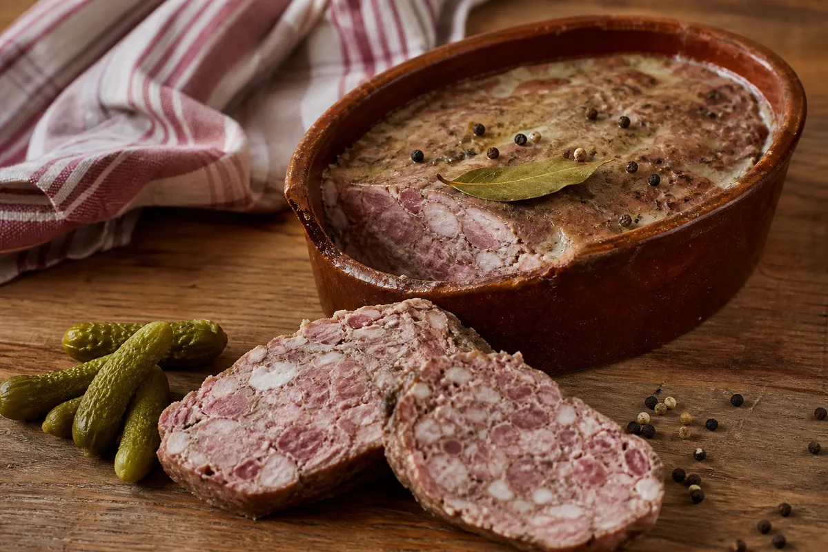 Terrine de campagne rustique tranchée dans son moule ovale en terre cuite, morceaux de viande visibles