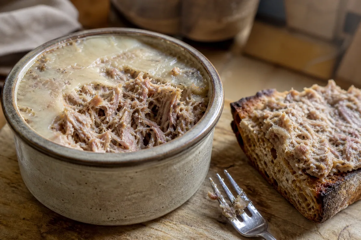 Pot de rillettes de porc effilochées sous leur couche de graisse, tartine et fourchette à côté