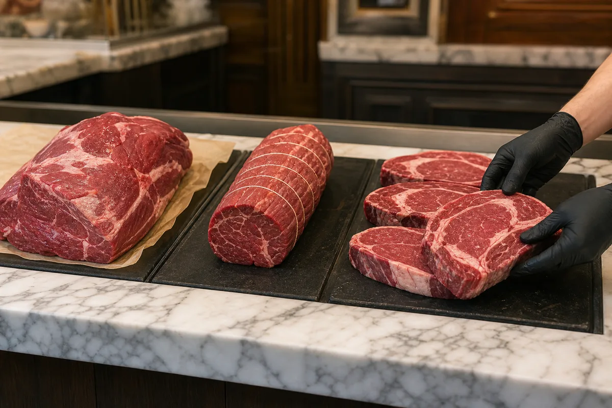 Étal de boucherie artisanale française présentant des pièces de bœuf crues disposées sur ardoise et papier boucher