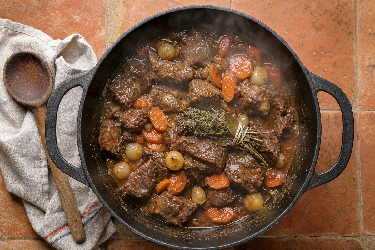 Cocotte en fonte ouverte sur une gazinière avec morceaux de boeuf braises, carottes et bouquet garni