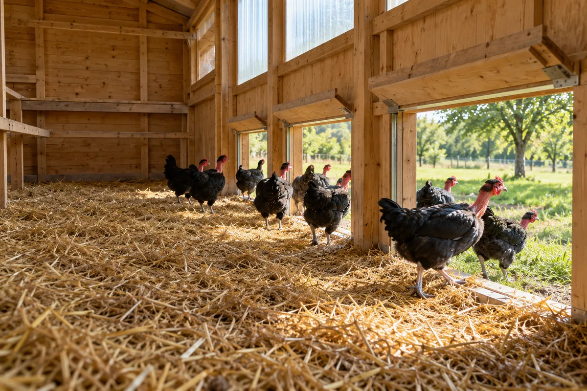 Intérieur d&rsquo;un petit poulailler fermier aux trappes ouvertes sur un parcours herbeux