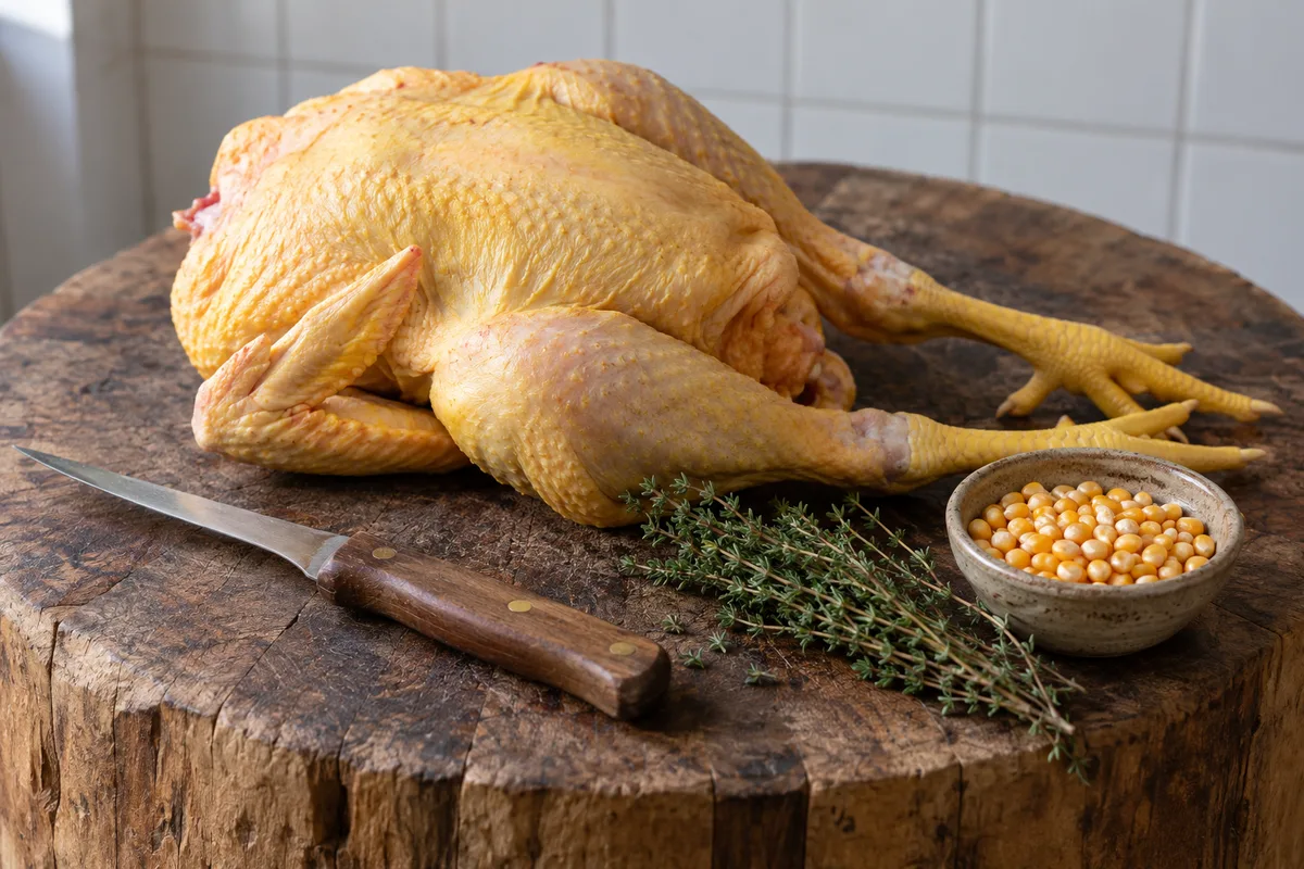 Poulet fermier entier à peau jaune posé sur un billot de boucher en bois