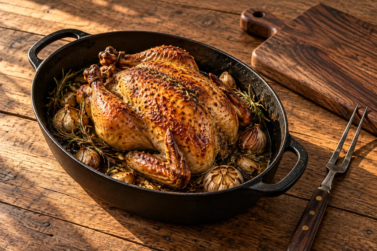 Poulet fermier rôti à la peau dorée dans une cocotte en fonte noire