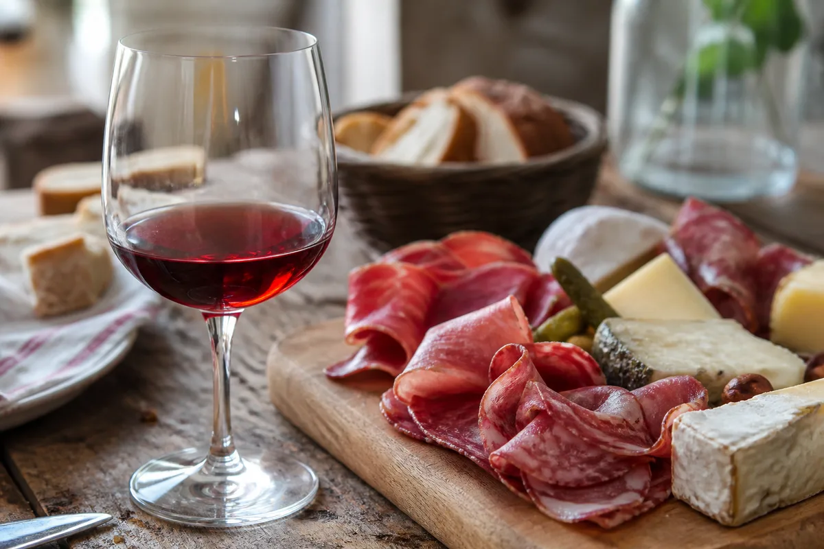 Verre de vin rouge léger posé près d’une planche de charcuterie et de fromages