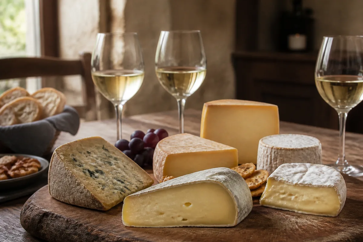 Assortiment de fromages français et verres de vin blanc sur une table en bois