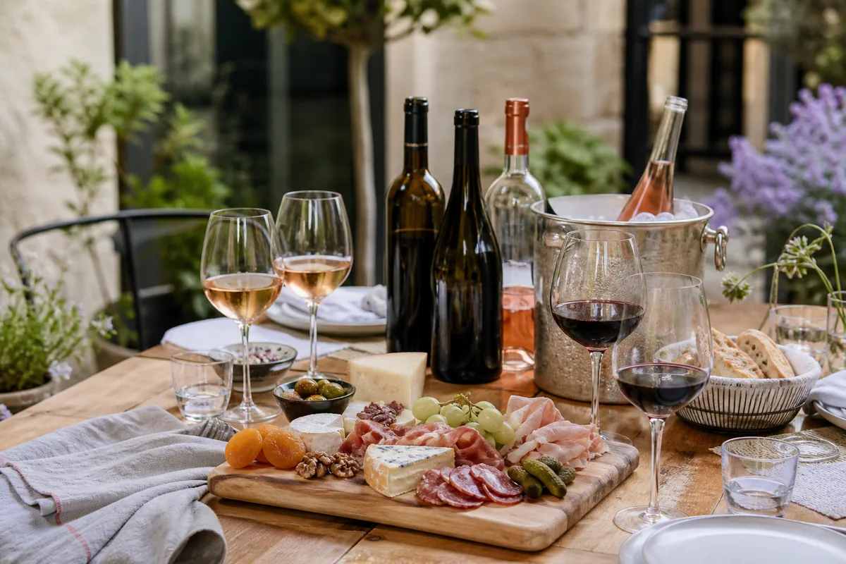 Table d’apéritif avec bouteilles de vin, seau à glace et planche garnie