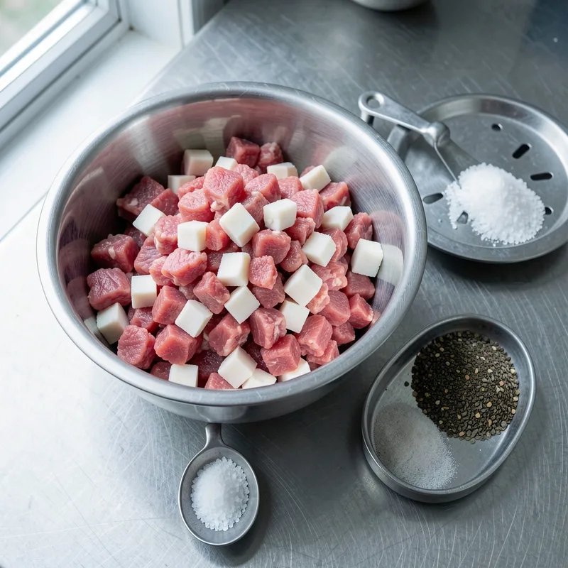 Mêlée de viande de porc hachée au gros grain dans une bassine en inox posée sur un plan de travail froid
