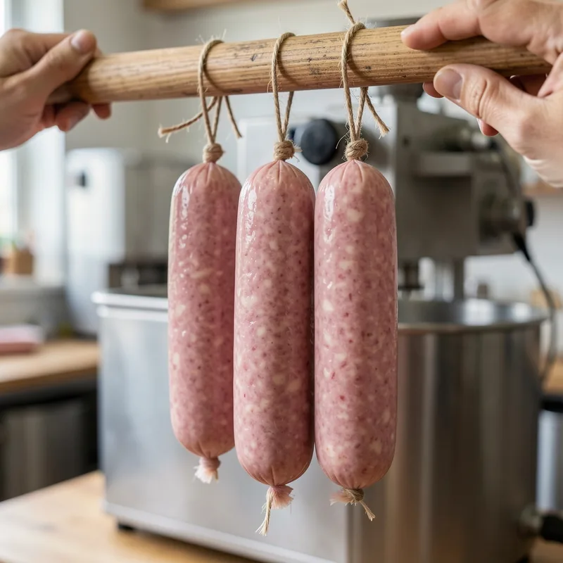 Saucissons fraîchement embossés et ficelés à la main, suspendus à une barre de bois dans un atelier de charcuterie