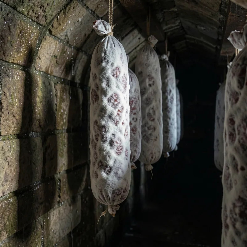 Saucissons secs couverts de fleur blanche suspendus dans une cave de séchage à la lumière tamisée