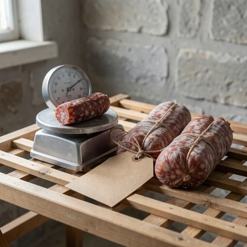 Thermo-hygromètre et balance de cuisine posés près de saucissons en cours de séchage sur une claie en bois